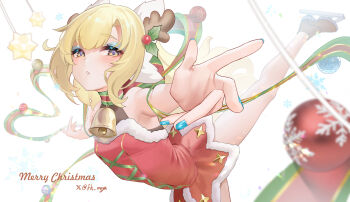 1girl absurdres armpits bare_legs bare_shoulders bell blonde_hair blue_eyeshadow blue_nails blush breasts christmas dress eyeshadow fh_moya flat_chest fur-trimmed_leotard fur_trim hair_ornament highres ice_skating looking_at_viewer makeup merry_christmas nail_polish neck_bell open_mouth original parted_lips red_dress skating skating_rink solo spread_eagle_position standing standing_on_one_leg white_background wing_ears yellow_eyes