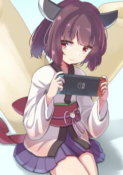 1girl back_bow black_hair blue_background blush_stickers bow controller feet_out_of_frame from_side game_controller hands_up highres holding holding_controller holding_game_controller japanese_clothes jazz_grace kimono kiritanpo_(food) knife_hair_ornament legs_together looking_at_viewer nintendo_switch obi oversized_food oversized_object pleated_skirt red_eyes sash shadow short_hair short_kimono sideways_glance simple_background sitting skirt smug solo touhoku_kiritan voiceroid