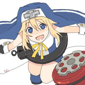 1boy :d ankle_boots bare_arms blonde_hair blue_boots blue_eyes blue_veil blue_vest boots bridget_(guilty_gear) cross cross_print dynamic_pose floating_clothes guilty_gear guilty_gear_xx guimpe incoming_attack jaggy_lines legs_together long_sidelocks looking_at_viewer lower_teeth_only lowres male_focus mars_symbol milk12kg neck_ribbon nun object_belt oekaki open_mouth outstretched_arms oversized_object print_wrist_cuffs raised_eyebrows ribbon shirt sidelocks signature simple_background sleeveless sleeveless_shirt smile solo squatting string teeth throwing_yo-yo trap veil vest white_background white_shirt white_trim white_wrist_cuffs wrist_cuffs yellow_ribbon yo-yo