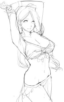 1girl alternate_costume armpits arms_behind_head arms_up backlighting bare_shoulders bikini bracelet breasts cleavage collarbone dancer fire_emblem fire_emblem:_three_houses j@ck jewelry large_breasts long_hair looking_at_viewer mercedes_von_martritz navel nintendo parted_bangs pelvic_curtain sketch smile solo swimsuit thighs underboob unfinished
