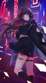 1girl arm_cutout black_hair black_jacket black_shirt black_skirt breasts can chinese_commentary chisa_(wuthering_waves) clothing_cutout coca-cola commentary_request drink_can feet_out_of_frame from_side hair_ribbon highres holding holding_can jacket long_hair long_sleeves looking_at_viewer looking_to_the_side medium_breasts mole mole_under_eye neckerchief neon_sign okfin3_(sogoodman4396) parted_lips red_eyes red_neckerchief red_ribbon ribbon sailor_collar shirt skirt solo string string_of_fate thigh_strap thighs white_sailor_collar wuthering_waves