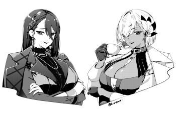 2girls black_jacket breasts cleavage commentary cup english_commentary holding holding_cup jacket large_breasts lion_space long_hair looking_at_viewer multiple_girls open_clothes open_jacket sarah_floren short_hair zenless_zone_zero