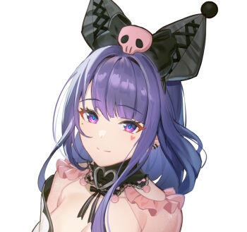 1girl alternate_costume blue_pupils blunt_bangs breasts chibi_vanille cleavage closed_mouth clothing_cutout commentary_request cosplay detached_collar ear_piercing eyeliner facial_tattoo genshin_impact hair_intakes head_tilt headpiece heart heart_tattoo japanese_clothes kimono kuromi kuromi_(cosplay) large_breasts light_smile long_hair looking_at_viewer makeup mole mole_under_eye multicolored_eyes off_shoulder piercing purple_eyes purple_hair raiden_shogun red_eyeliner sanrio see-through_clothes see-through_sleeves shoulder_cutout simple_background solo tattoo upper_body white_background white_kimono