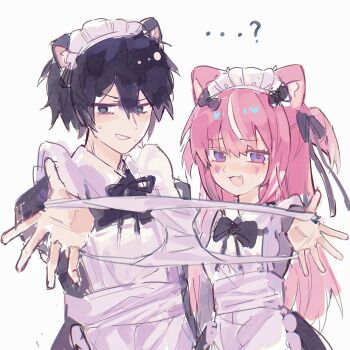 ...? 1boy 1girl :3 :d alternate_costume animal_ears apron bags_under_eyes black_bow black_bowtie black_dress black_hair black_ribbon blush bow bowtie camila_(vtuber) cat_boy cat_ears cat_girl collared_dress constricted_pupils cowboy_shot crossdressing crossdressing_(mtf) dress embarrassed enmaided fang frilled_apron frills furrowed_brow green_eyes grimace hair_between_eyes hair_ribbon highres holding holding_panties holding_underwear holding_unworn_clothes indie_virtual_youtuber maid maid_apron maid_headdress male_maid multicolored_hair neck_ribbon open_mouth panties pink_hair pinkpink939 presenting_removed_panties purple_eyes raised_eyebrows ribbon short_hair simple_background smile streaked_hair sweat two_side_up underwear unworn_panties v-shaped_eyebrows vedal987 vedal_ai virtual_youtuber white_apron white_background white_hair white_panties wing_collar