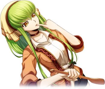 1girl arm_up brown_jacket c.c. code_geass code_geass:_fukkatsu_no_lelouch code_geass:_lost_stories f4samurai food game_cg green_hair holding jacket long_hair official_art open_mouth shirt solo white_shirt yellow_eyes