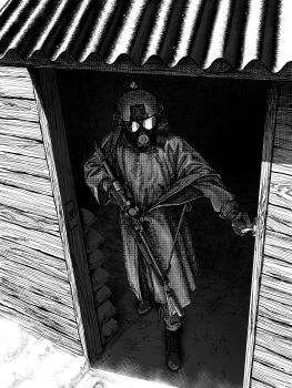 Rule 34 | 1boy, boots, combat helmet, darius billie (moonkez), ear protection, gas mask, gloves, greyscale, gun, gun sling, helmet, highres, holding, holding gun, holding weapon, mask, monochrome, original, rain poncho, rifle, sandbag, scope, suppressor, tin roof, trigger discipline, weapon, wooden wall