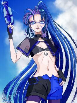 1girl ado_(utaite) bikini black_bikini black_gloves black_shorts blue_eyes blue_flower blue_hair blue_rose blue_shorts breasts colored_inner_hair commentary_request cowboy_shot double_exposure fingerless_gloves flower gloves highres holding holding_water_gun long_hair looking_at_viewer medium_breasts multicolored_hair naima_(ado) open_mouth purple_shorts rose shorts solo stomach swimsuit teeth tomoyaku underboob usseewa very_long_hair water_gun