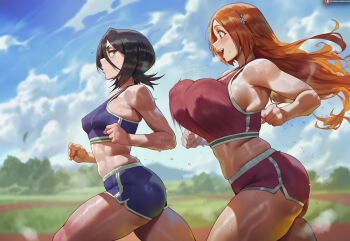 2girls ai-assisted bare_shoulders black_hair bleach blue_sky blue_sports_bra blush bouncing_breasts breasts cloud covered_erect_nipples day from_side hair_between_eyes hair_ornament huge_breasts inoue_orihime kuchiki_rukia large_breasts long_hair midriff multiple_girls navel open_mouth orange_hair outdoors patreon_username running shexyo short_hair short_shorts shorts sideboob sky small_breasts smile sports_bra sweat thighs unaligned_breasts watermark web_address