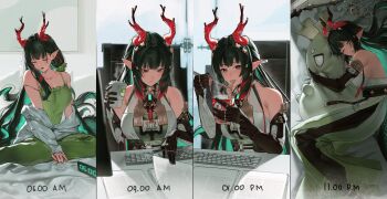 1girl alarm_clock alternate_costume arknights arknights:_endfield bare_shoulders black_gloves black_hair breasts chopsticks clock closed_eyes closed_mouth clothes_down collarbone colored_inner_hair colored_tips commentary computer_keyboard cup disposable_coffee_cup disposable_cup dragon_bean_(arknights) dragon_horns dragon_tail dress drooling eastern_dragon_horns eastern_dragon_tail eating english_commentary food gloves green_dress green_eyes green_hair hair_intakes hair_ornament highres holding holding_chopsticks holding_cup holding_food holding_pen horns hugging_object indoors instant_cup_noodles instant_noodles long_hair looking_at_object looking_at_viewer lufi_ays medium_breasts multicolored_hair on_bed open_mouth paper_stack pen pointy_ears red_horns sitting sleeping squeans strap_slip tail yokozuwari zhuang_fangyi_(arknights)