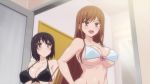 2girls animated anime_screenshot ass ayane_shirakawa bathroom bikini black_bikini black_hair breasts brown_eyes brown_hair cleavage highres huge_breasts kotone_shirakawa large_breasts long_hair multiple_girls overflow_(anime) short_hair smile standing swimsuit video white_bikini