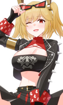 Rule 34 | 1girl, absurdres, belt, blonde hair, breasts, burnice white, cleavage, commentary request, eyewear on head, highres, jacket, looking at viewer, midriff, next tomountain, one eye closed, open clothes, open jacket, open mouth, red eyes, short hair, simple background, skirt, smile, solo, spikes, white background, zenless zone zero