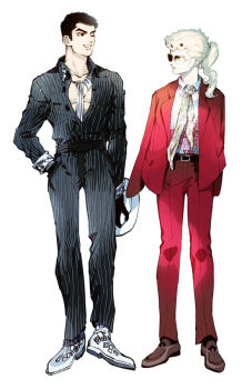 Rule 34 | 2boys, ascot, bespectacled, black gloves, black hair, blonde hair, fashion, formal clothes, giorno giovanna, glasses, gloves, guido mista, hat, holding, holding unworn clothes, holding unworn hat, jojo no kimyou na bouken, male focus, multiple boys, pinstripe pattern, pinstripe suit, ponytail, red suit, striped, suit, unworn hat, unworn headwear, vento aureo, vertical stripes, zakki
