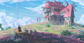 1girl artist_name basket belt bird blonde_hair blue_capelet blue_headband blue_sky brown_skirt building bush capelet chinese_commentary cloud cloudy_sky commentary_request crane_(machine) door facing_away falling_petals fence field flock flower flower_field gladiator_sandals headband highres holding holding_basket house ivy ladder long_hair merlimambrosuis original outdoors path petals pink_flower road rock sandals scenery skirt sky solo stream too_many too_many_birds tree windmill window wooden_fence