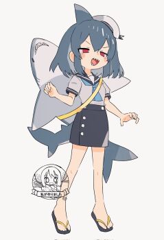 1girl blue_necktie button_up_skirt commentary fins fish_tail grey_hair grey_sailor_collar hat highres naka_(buttergirl_02) necktie open_mouth original red_eyes sailor sailor_collar sailor_hat sandals shark_girl shark_tail sharp_teeth short_hair signature simple_background skirt solo stuffed_animal stuffed_shark stuffed_toy tail teeth