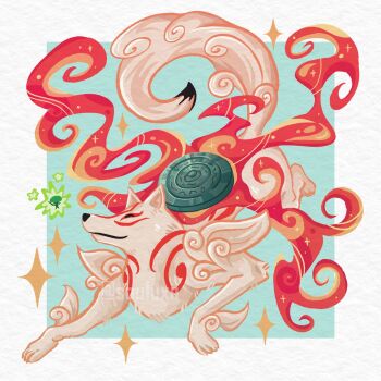 Rule 34 | amaterasu (ookami), animal, aqua background, artist request, cartoonized, fire, full body, highres, ookami (game), smile, stylistic, tail, toon (style), wolf