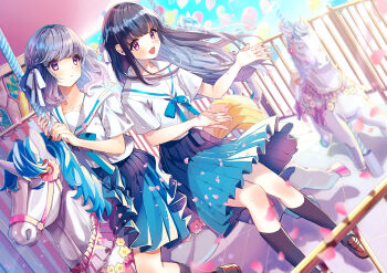 2girls :d ayame_(3103942) black_hair black_socks blue_skirt blurry blush braid brown_shoes carousel commentary depth_of_field full_body grey_hair hair_ribbon highres long_hair multiple_girls open_mouth original petals pleated_skirt purple_eyes ribbon sailor_collar school_uniform serafuku shadow shirt shoes sitting skirt smile socks symbol-only_commentary tongue white_ribbon white_sailor_collar white_shirt