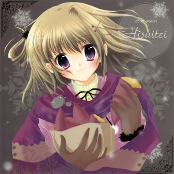00s 1girl 2007 brown_hair food gloves highres izumi_tsubasu purple_eyes shawl sweet_potato
