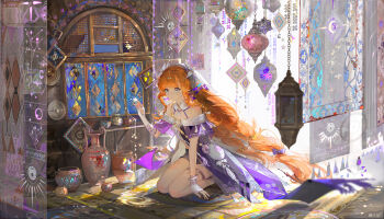 1girl asymmetrical_gloves bare_shoulders blue_eyes chinese_commentary commentary_request fingerless_gloves gloves hand_up highres indoors jacket long_hair multicolored_jacket orange_hair purple_jacket purple_shorts seiza shorts sigrika_(wuthering_waves) sitting solo two-tone_jacket uneven_gloves very_long_hair white_gloves white_jacket wu_xiao_xian wuthering_waves