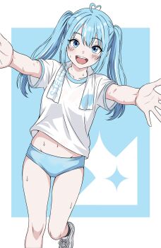 1girl :d absurdres ahoge arahashi_tabi blue_background blue_buruma blue_eyes blue_hair blush buruma commentary_request foot_out_of_frame gym_shirt heart heart_ahoge highres hug_invitation korean_commentary leg_up long_hair midriff_peek multicolored_hair navel open_mouth outstretched_arms pov shirt shoes short_sleeves smile sneakers solo spread_arms standing stellive streaked_hair sweat towel towel_around_neck twintails two-tone_background virtual_youtuber wabtteong white_background white_shirt