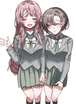2girls absurdres animal_ears bang_dream! bang_dream!_it's_mygo!!!!! black_socks chihaya_anon closed_eyes commentary drooling fang green_necktie green_skirt grey_hair grey_jacket hand_up haneoka_school_uniform highres holding_hands i00236 interlocked_fingers jacket kneehighs long_hair mouth_drool multiple_girls necktie open_mouth pink_hair plaid_clothes plaid_necktie plaid_skirt pleated_skirt school_uniform short_hair simple_background skirt socks symbol-only_commentary takamatsu_tomori unmoving_pattern white_background yuri