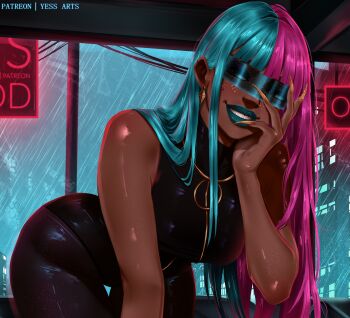 1girl absurdres alternate_hair_length alternate_hairstyle aqua_hair aqua_lips artist_name black_bodysuit black_visor blue_lips bodysuit breasts dark-skinned_female dark_skin dispatch fingernails highres long_fingernails long_hair looking_at_viewer multicolored_hair patreon_username pink_hair prism_(dispatch) rain sleeveless sleeveless_bodysuit solo split-color_hair two-tone_hair yellow_nails yessarts