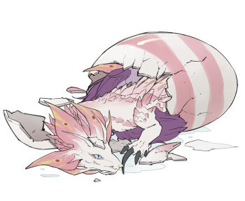 Rule 34 | baby animal, black claws, blue sclera, body fur, colored sclera, commentary request, eggshell, hatching, mizutsune, monster, monster focus, monster hunter (series), purple fur, red eyes, simple background, slit pupils, solo, taneimo drop, white background