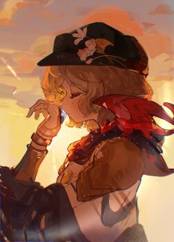 1girl absurdres armor backlighting black_hat blonde_hair blue_coat blue_gemstone blue_neckerchief bracer brume_(reverse:1999) closed_eyes coat dragon dragon_on_shoulder flower from_side gem hand_up hat hat_flower highres neckerchief newsboy_cap off_shoulder orange_sky profile reverse:1999 short_hair shoulder_armor sky small_dragon solo tank_top upper_body white_flower white_tank_top zero_hongtao_a