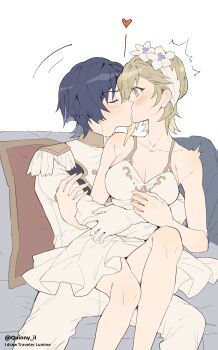 1boy 1girl ^^^ absurdres alternate_costume alternate_hairstyle asymmetrical_bangs bangs_pinned_back bare_shoulders behind_another black_hair blonde_hair blunt_ends blush breasts bright_pupils cleavage closed_eyes closed_mouth collarbone colored_inner_hair commentary couple dress english_commentary english_text epaulettes flower formal_clothes frilled_dress frills genshin_impact gloves grey_hair hair_flower hair_ornament hairband hand_on_another's_arm hand_on_own_arm heart hetero highres holding_another's_arm hug hug_from_behind jacket kiss large_breasts long_sleeves looking_at_another lumine_(genshin_impact) military_uniform multicolored_hair pants purple_hair quinny_il scaramouche_(genshin_impact) short_hair short_hair_with_long_locks single_epaulette single_sidelock sitting sitting_on_lap sitting_on_person streaked_hair surprise_kiss surprised tareme tsurime twitching twitter_username white_background white_dress white_flower white_gloves white_hairband white_jacket white_pants white_pupils white_sleeves wispy_bangs yellow_eyes