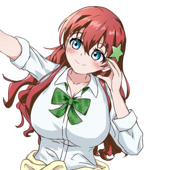 Rule 34 | 1girl, alternate hairstyle, blue eyes, blush, breasts, brown hair, cardigan, cardigan around waist, cleavage, closed mouth, clothes around waist, collared shirt, commentary request, emma verde, freckles, green nails, hair between eyes, hair ornament, large breasts, long hair, long sleeves, looking at viewer, love live!, love live! nijigasaki high school idol club, manti, nijigasaki school uniform, school uniform, shirt, simple background, smile, solo, star (symbol), star hair ornament, white background, white shirt, yellow cardigan