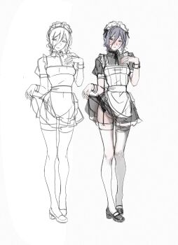 Rule 34 | 1girl, aiomita, apron, black choker, blush, bow, bowtie, breasts, chainsaw man, choker, clothes lift, commentary request, embarrassed, green eyes, highres, looking at viewer, maid, maid apron, maid headdress, multiple views, purple hair, reze (chainsaw man), short hair, simple background, sketch, skirt, skirt lift, small breasts, smile, standing, thighhighs, white background, white thighhighs, white wrist cuffs, wrist cuffs