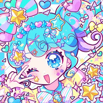 Rule 34 | 1girl, ;d, blue eyes, blue hair, commentary request, hair bun, hair ornament, hairclip, heart, highres, looking at viewer, multicolored hair, one eye closed, open mouth, pinon (pripara), portrait, pretty series, pripara, sidelocks, single side bun, smile, solo, star (symbol), star hair ornament, streaked hair, w, w over eye, yaka (yaka 589)