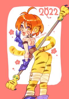 1girl animal_ears ass breath_of_fire breath_of_fire_ii bustier cat_ears cat_tail commentary_request facial_mark furry furry_female gloves highres katt_(breath_of_fire) looking_at_viewer no_pants open_mouth pointy_ears pualutya short_hair smile solo staff tail v woren