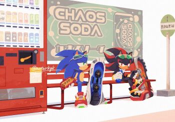 bench billboard bottle bus_stop bus_stop_sign can chili_dog drink drink_can drinking eating english_text gloves japanese_text noterkgk sega shadow_the_hedgehog shoes sitting smile soda soda_can sonic_(series) sonic_riders_(series) sonic_the_hedgehog sunglasses vending_machine water_bottle