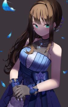 1girl bare_shoulders black_gloves blue_bow blue_dress blue_feathers blue_flower blue_sash blush bow breasts brown_hair closed_mouth collarbone commentary_request cowboy_shot dress earrings falling_feathers feathers flower glove_bow gloves green_eyes grey_background highres idolmaster idolmaster_cinderella_girls idolmaster_cinderella_girls_starlight_stage jewelry large_breasts long_hair necklace sash shibuya_rin sidelocks sleeveless sleeveless_dress smile solo standing swept_bangs tsuchi_(sh_spica1) waist_bow waist_sash