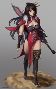 Rule 34 | 1girl, absurdres, arms at sides, beidou (genshin impact), black gloves, blackcliff slasher (genshin impact), boots, breasts, brown hair, center opening, chinese clothes, closed mouth, colored eyepatch, dress, eyepatch, fingerless gloves, framed breasts, full body, fur collar, genshin impact, gloves, hair ornament, hair stick, high heel boots, high heels, highres, holding, holding sword, holding weapon, jewelry, jhzargo, lips, long hair, looking at viewer, medium breasts, one eye covered, pelvic curtain, red eyes, signature, solo, sword, tassel, tassel hair ornament, thigh boots, very long hair, vision (genshin impact), walking, weapon