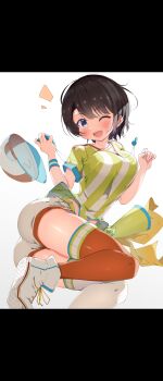 Rule 34 | 1girl, absurdres, ass, asymmetrical legwear, black hair, blue eyes, blush, breasts, commentary request, detached sleeves, gradient background, grey background, hat, highres, holding, holding stopwatch, hololive, jumping, kuno (kc9s), large breasts, letterboxed, long shirt, looking at viewer, loose clothes, loose shirt, megaphone, mismatched legwear, narrow waist, notice lines, oozora subaru, oozora subaru (1st costume), open mouth, red thighhighs, shirt, shoe soles, shoes, short hair, short shorts, short sleeves, shorts, simple background, sneakers, solo, stopwatch, stopwatch around neck, striped clothes, striped shirt, swept bangs, t-shirt, teeth, thighhighs, trefoil, twisted torso, unworn hat, unworn headwear, upper teeth only, vertical-striped clothes, vertical-striped shirt, virtual youtuber, w arms, watch, whistle, whistle around neck, white shirt, white shoes, white shorts, white thighhighs, wide hips, wristband, yellow shirt