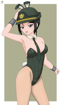 Rule 34 | 1girl, absurdres, acrux, animal ears, black hair, blue eyes, blush, breasts, brown pantyhose, chouno ami, dated, fake animal ears, fake tail, girls und panzer, green leotard, green necktie, helmet, highres, large breasts, leotard, looking at viewer, necktie, open mouth, pantyhose, playboy bunny, rabbit ears, rabbit tail, short hair, smile, solo, tail