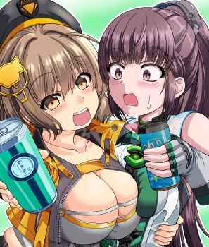 2girls absurdres ahoge anis_(nikke) beret black_hair blunt_bangs blush bodysuit breasts brown_eyes brown_hair can cleavage drink_can eve_(stellar_blade) fingerless_gloves gloves goddess_of_victory:_nikke hair_ornament hat highres holding holding_can impossible_clothes jacket large_breasts long_hair looking_at_viewer multicolored_bodysuit multiple_girls open_mouth ponytail sakurazaka_mirai short_hair skin_tight smile soda soda_can stellar_blade two-tone_bodysuit upper_body very_long_hair yellow_eyes