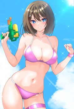 1girl absurdres bikini blue_eyes breasts brown_hair cleavage cowboy_shot highres kantai_collection large_breasts maya_(kancolle) navel nitamako_(sakamalh) parted_lips pink_bikini short_hair smile solo sparkle sun swimsuit thigh_strap water_gun