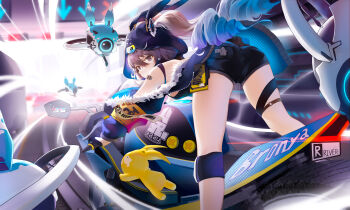 1girl absurdres animal_hood ass black_jacket black_shorts blue_eyes bronya_zaychik bronya_zaychik_(haxxor_bunny) commentary_request drill_hair drone grey_hair highres homu_(honkai_impact) honkai_(series) honkai_impact_3rd hood jacket long_hair moth_on_head motor_vehicle motorcycle rabbit_hood riding river_(river_ga) shorts solo stuffed_animal stuffed_toy thigh_strap thighs very_long_hair