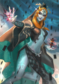 Rule 34 | 1girl, 2023, artist request, body markings, breasts, cape, colored sclera, dress, energy, hair ornament, holding, holding weapon, large breasts, lips, long hair, makeup, midna, midna (true), nintendo, open palm, orange hair, pale skin, red eyes, smile, the legend of zelda, the legend of zelda: twilight princess, veil, weapon, yellow sclera