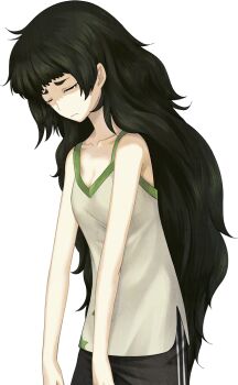 1girl armband bare_shoulders black_shorts blunt_bangs breasts cleavage closed_eyes collar collarbone crying flat_chest frown game_cg green_armband green_collar green_hair green_trim hiyajou_maho huke long_hair messy_hair non-web_source official_art partially_shaded_face sad science_adventure shorts slouching solo sprite star_(symbol) star_print steins;gate steins;gate_0 striped_clothes striped_shorts tank_top tearing_up transparent_background very_long_hair