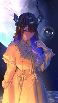 1girl absurdres alternate_costume asymmetrical_horns black_flower black_hair black_horns blue_gemstone bow bowtie breasts brooch bubble closed_mouth collared_dress colored_inner_hair commentary demon_horns dress english_commentary flower full_moon gem hair_ornament hand_up highres hololive hololive_english horn_flower horns jailbird_(nerissa_ravencroft) jewelry juliet_sleeves large_breasts long_hair long_sleeves looking_at_viewer mole mole_under_eye moon multicolored_hair nerissa_ravencroft parted_bangs puffy_sleeves red_eyes sidelighting smile solo space star_(sky) tassel tassel_hair_ornament thekaiyip tongue tongue_out two-tone_hair uneven_horns upper_body virtual_youtuber white_bow white_bowtie white_dress