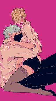 1boy 1girl between_breasts blonde_hair breasts cleavage commentary_request cuddling fishnet_pantyhose fishnets gintama grabbing_another's_ass groping hatch_(8cco) highres large_breasts open_clothes open_shirt pantyhose sakata_gintoki shirt sitting sitting_on_person skirt teacher tsukuyo_(gintama) white_hair