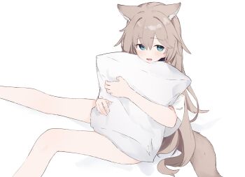 1girl :d animal_ear_fluff animal_ears black_choker blue_eyes blush brown_hair choker feet_out_of_frame hair_between_eyes highres hugging_object long_hair looking_at_viewer open_mouth original pillow pillow_hug riya_(01214) shirt short_sleeves simple_background sitting smile solo tail very_long_hair white_background white_shirt