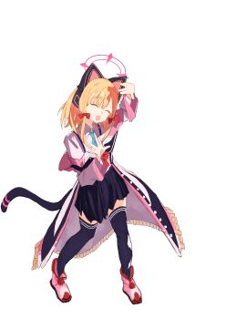 1girl ^_^ aliasing animal_ear_headphones animal_ears aqua_necktie arm_up black_coat black_skirt black_tail black_thighhighs blonde_hair blue_archive boots bow buttons cat_ear_headphones cat_ears cat_tail chestnut_mouth chinese_commentary clip_studio_paint_(medium) closed_eyes coat coat_partially_removed collared_shirt commentary_request fake_animal_ears fake_tail frilled_coat frills full_body hair_bow halo hand_up happy head_tilt headphones highres hood hood_down hooded_coat layered_sleeves liu_li_(258062940) long_sidelocks long_sleeves low-tied_sidelocks making-of_available medium_hair momoi_(blue_archive) multicolored_coat necktie open_clothes open_coat open_hands open_mouth palms parted_bangs pink_boots pink_coat pink_halo pink_hood pleated_skirt red_bow school_uniform shirt sidelocks simple_background skirt smile solo standing suspender_skirt suspenders tail teeth thighhighs upper_teeth_only white_background white_coat white_shirt wide_sleeves zettai_ryouiki