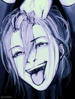 1girl chainsaw_man grabbing_own_hair hair_between_eyes highres holding holding_detached_head holding_own_hair looking_at_viewer monochrome open_mouth reze_(chainsaw_man) snailmao teeth tongue tongue_out twitter_username upper_teeth_only