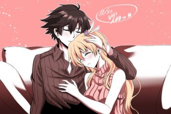 Rule 34 | 1boy, 1girl, alisa reinford, black hair, black shirt, blonde hair, closed eyes, closed mouth, commentary request, couple, eiyuu densetsu, hair ribbon, hand on another's chest, hand on another's head, hug, kagura yuuto, long hair, pink sweater vest, rean schwarzer, ribbon, sen no kiseki (series), shirt, simple background, sweater vest
