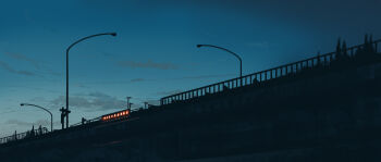 absurdres blue_sky bridge cloud cloudy_sky desk gracile gradient_sky highres lamppost no_humans original outdoors railing scenery sky train