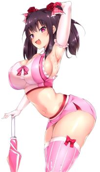 Rule 34 | 1girl, arched back, arm up, armpits, arms behind head, black hair, breasts, cleavage, cum, cum on body, doskoinpo, female focus, gloves, hair ornament, large breasts, leaning forward, looking at viewer, microskirt, midriff, navel, open mouth, parasol, pink thighhighs, pinstripe legwear, pinstripe pattern, purple eyes, sideboob, simple background, skin tight, skirt, sleeveless, smile, solo, standing, striped, suggestive fluid, thighhighs, umbrella, white background